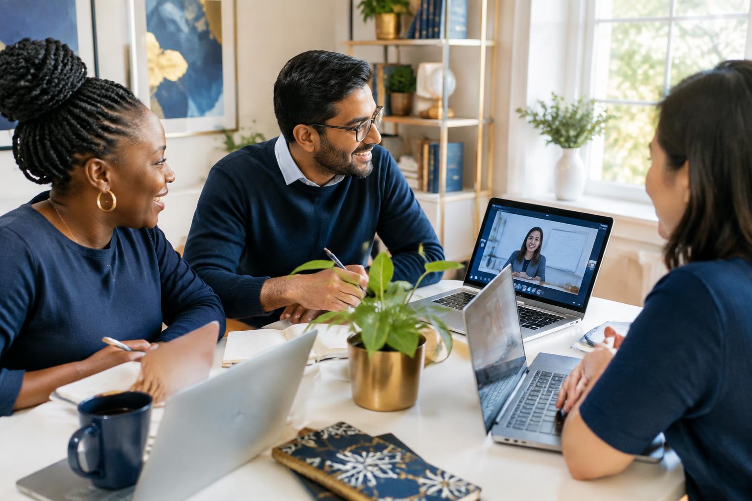 Three educators collaborating around laptops during an online lesson