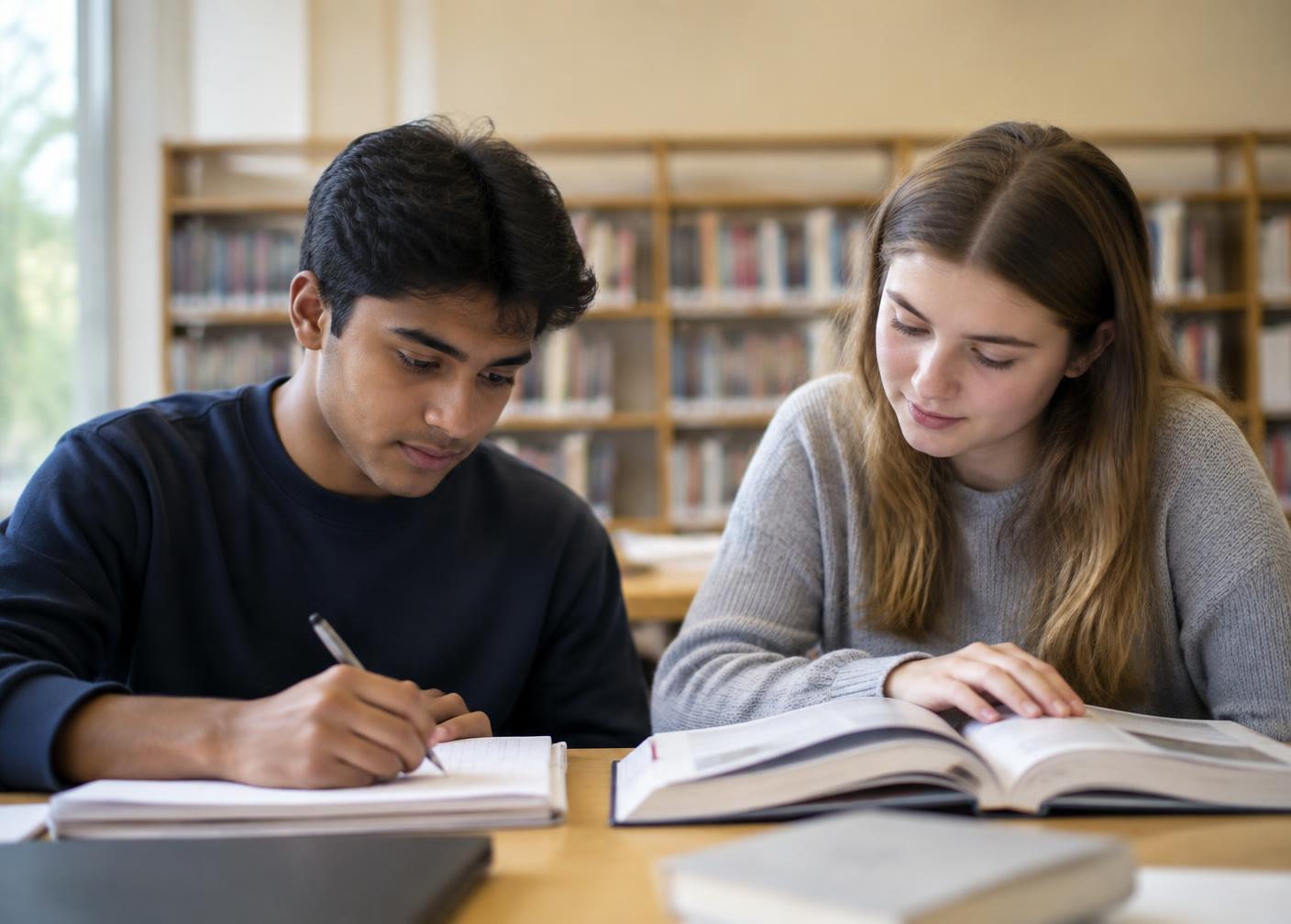 Two high school students studying notes and a textbook in a library